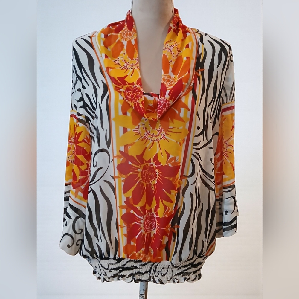 Alfani Cowl Neck Zebra Floral Semi Sheer Blouse Sz 8 Bold Artsy Abstract Medium